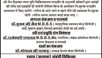 विशाल निशुल्क चिकित्सा शिविर सिंगोली में दिनांक 5 जनवरी शुक्रवार को ।